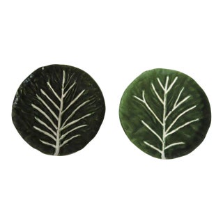 Vintage JF Olfaire Large Green Cabbage Plates Made in Portugal 11" Serving Plates - A Pair For Sale