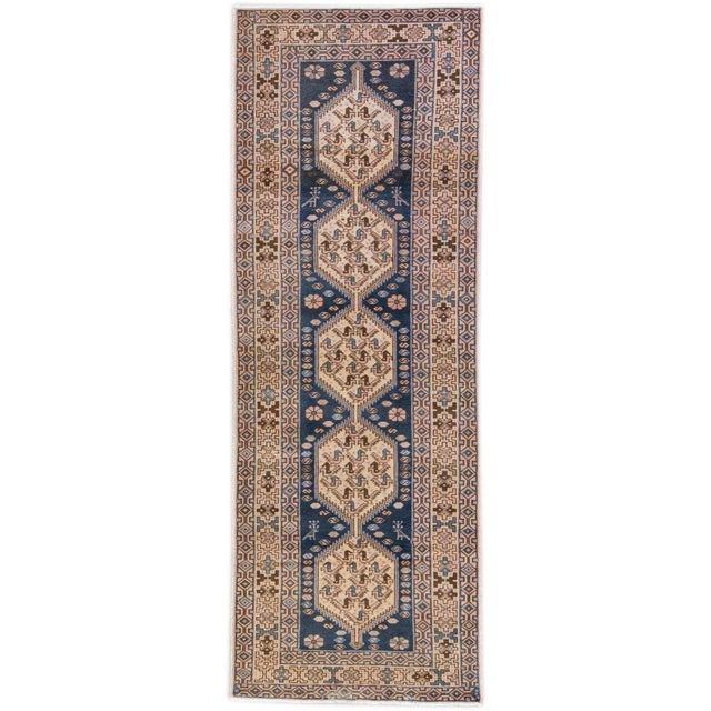 1960s Vintage Distressed Handmade Geometric Blue Wool Runner For Sale - Image 9 of 9