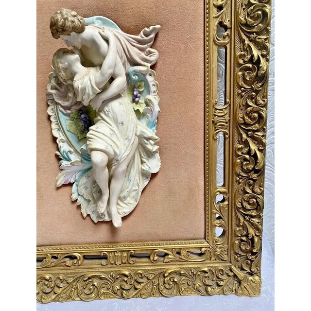 1910s Antique Bisque Lovers Porcelain Figural Gold Wood Frame For Sale - Image 5 of 7
