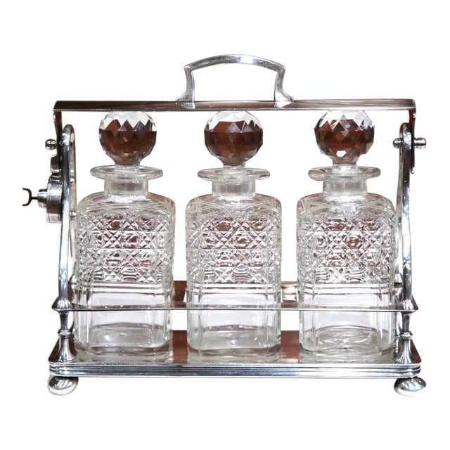 19th Century English Silver Plated 3-Carafe Tantalus With Lock Mechanism For Sale