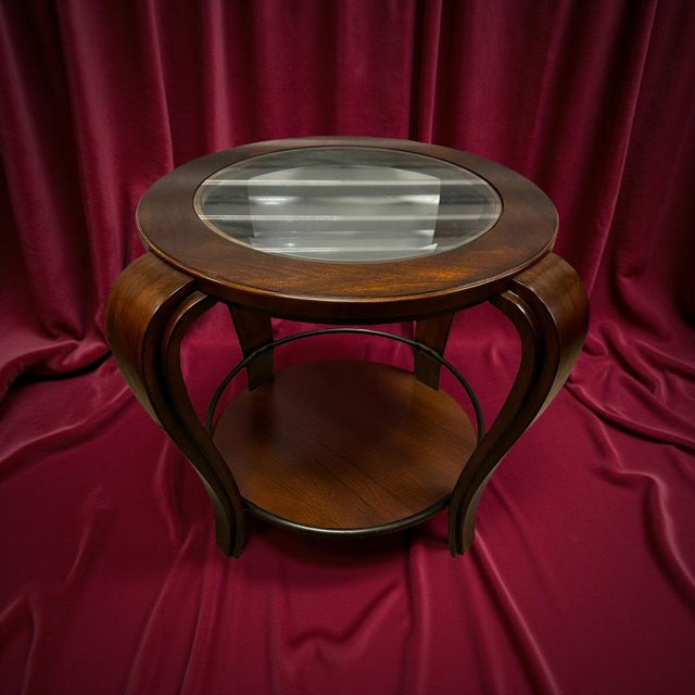 Art Deco Late 20th Century Pair of Curved Leg Round Glass-Top End Tables For Sale - Image 3 of 7