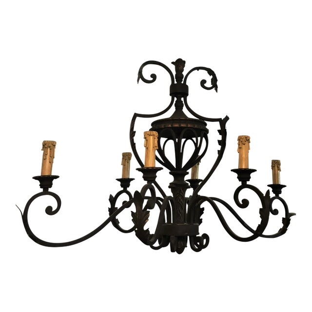 Vintage Iron Chandelier With 6 Lights and Acanthus Leaf Detail For Sale