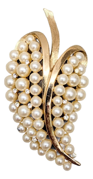 Vintage Signed Crown Trifari Goldtone Faux-Pearl & Clear Rhinestone Brooch