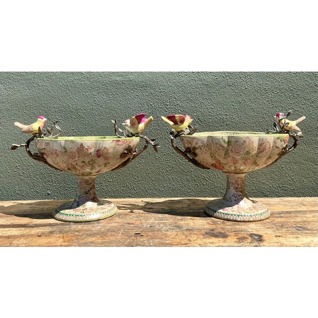Chinoiserie Vintage Glazed Ceramic Floral Bird Urns - A Pair For Sale - Image 3 of 12