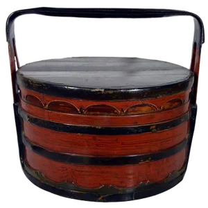 Two-Colored Bamboo and Wood Tiered Lunch Basket From 19th Century, China