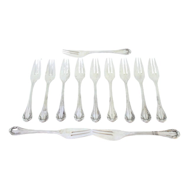 Silver Cake Forks with Trims and Shell Handles, Set of 12 For Sale