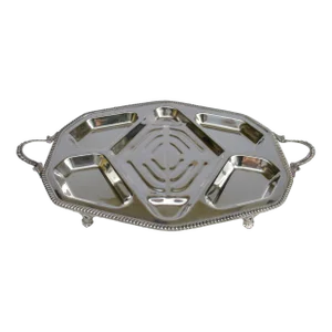 C.1930's Silverplate Over Copper Grande Scaled Footed, Divided Meat/Side Dish Coved Serving Entree Tray With Handles