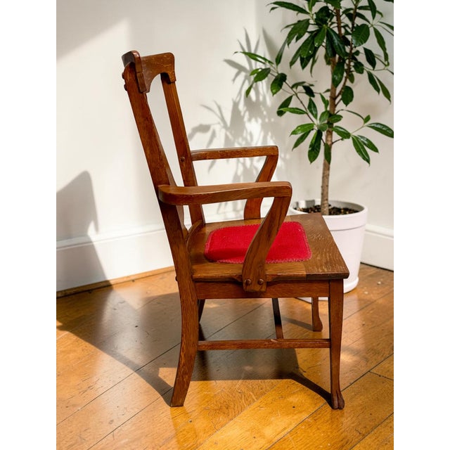 Wood Antique Tiger Oak Arm Chair-Arts Crafts Mission-Red Seat-C1900-Wood-Desk-Accent For Sale - Image 7 of 11