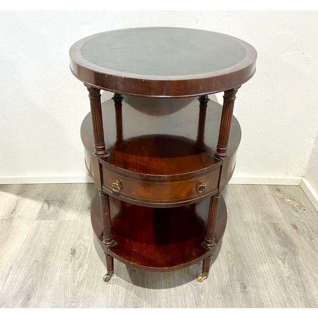 Vintage Leather-Topped Mahogany Three-Tier Oval Shaped Rolling Bar Cart With Drawer For Sale - Image 10 of 11