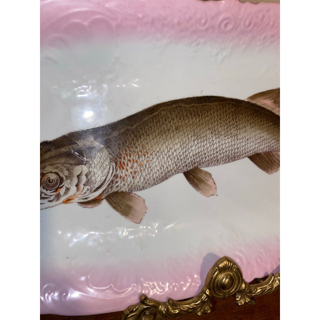 Antique Fish Platter ServeWare . Victorian Porcelain Fish Platter With a Hand-Painted Muskellunge, Circa 1891. 24.5” For Sale - Image 4 of 12
