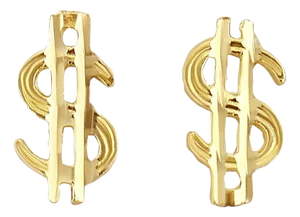 Money Sign/Dollar Sign Gold Studs with Diamond Cuts 14k Yellow Gold, 2 Pieces