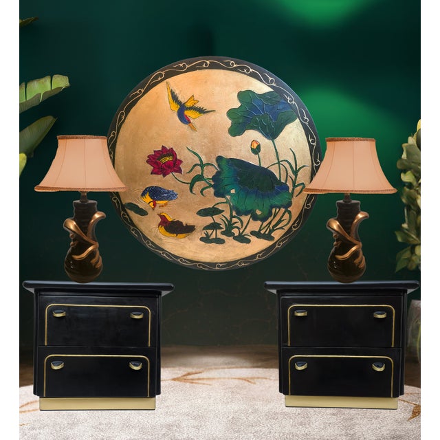 Black Pair of 1950s Black Glazed Ceramic Lamps With Gold Gilt Accents For Sale - Image 8 of 8