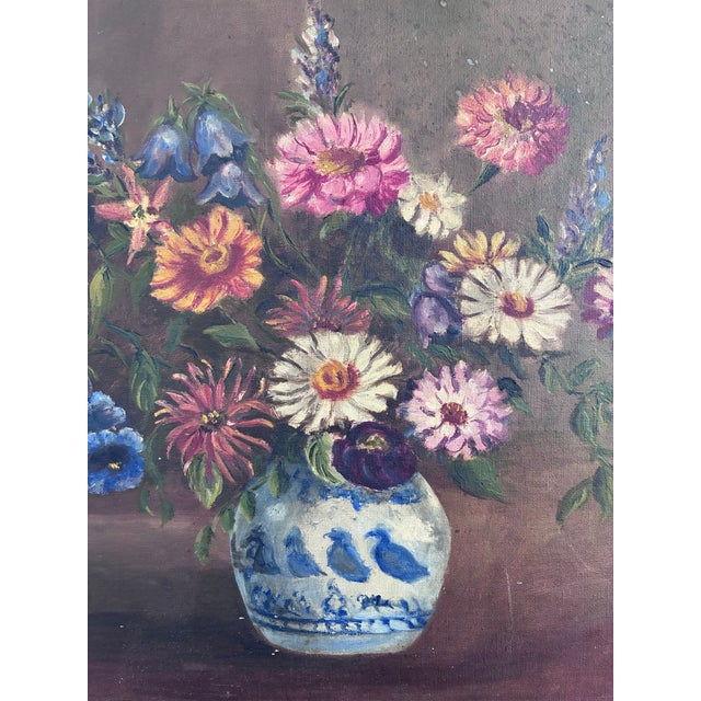 Traditional Vintage Original Floral Oil Painting With Blue and White Vase For Sale - Image 3 of 15