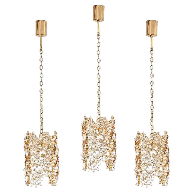Gilded Brass and Crystal Glass Encrusted Pendant Lamp from Palwa, 1970s For Sale