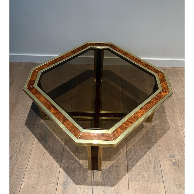 Octagonal walnut and brass coffee table. French work. Circa 1970 For Sale - Image 6 of 12