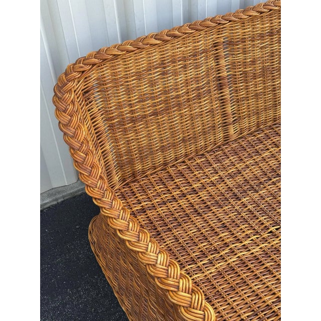 Coastal Vintage Rattan Sofa With Braided Wicker Trim For Sale - Image 6 of 18