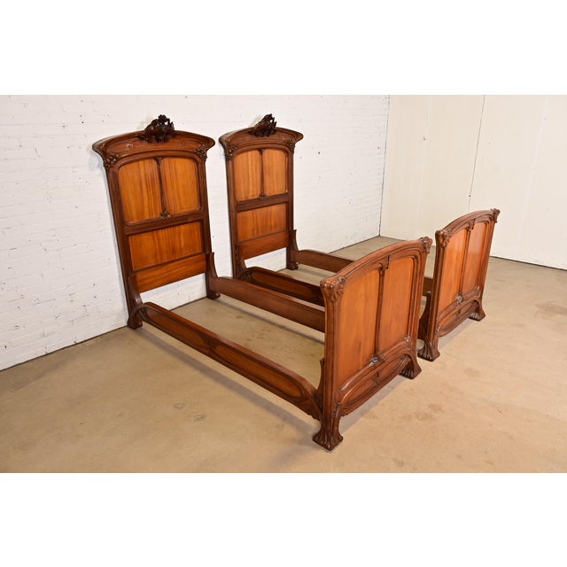 Louis Majorelle Louis Majorelle Antique French Art Nouveau Carved Walnut Twin Size Beds, Circa 1900 For Sale - Image 4 of 13