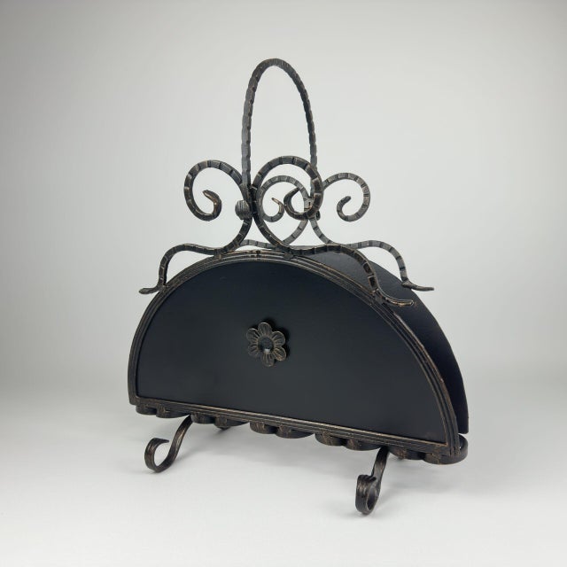 Hand Forged Iron Newspaper & Magazine Rack (54cm) Antique Gold Scroll Design with Arched Handle For Sale - Image 10 of 10