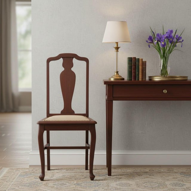 Brown 1960s Vintage Queen Anne Mahogany Side Chair, Brass Studs Beige Fabric For Sale - Image 8 of 11