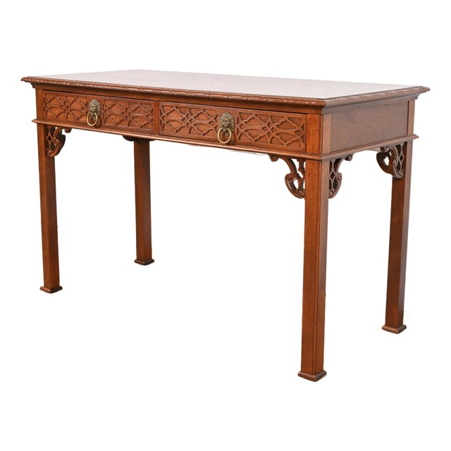Baker Furniture Historic Charleston Georgian Carved Mahogany Writing Desk or Console Table, Newly Refinished For Sale