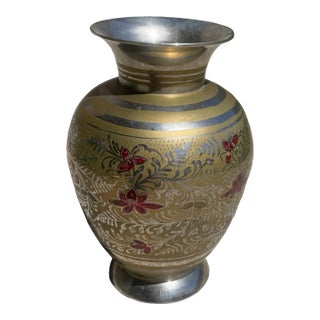 Etched Floral Mixed Metal Vase For Sale