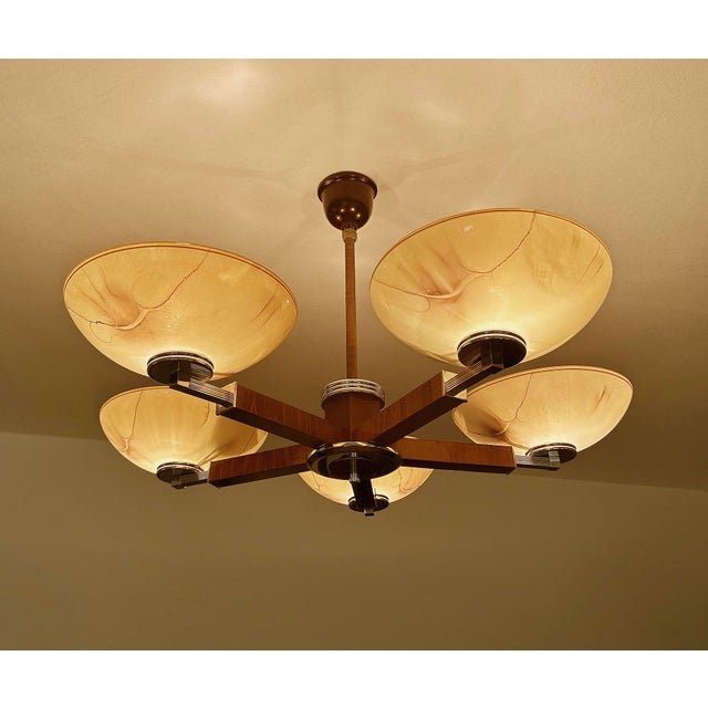 Large Art Deco Pendant Light in Wood and Glass, 1930s For Sale - Image 12 of 18