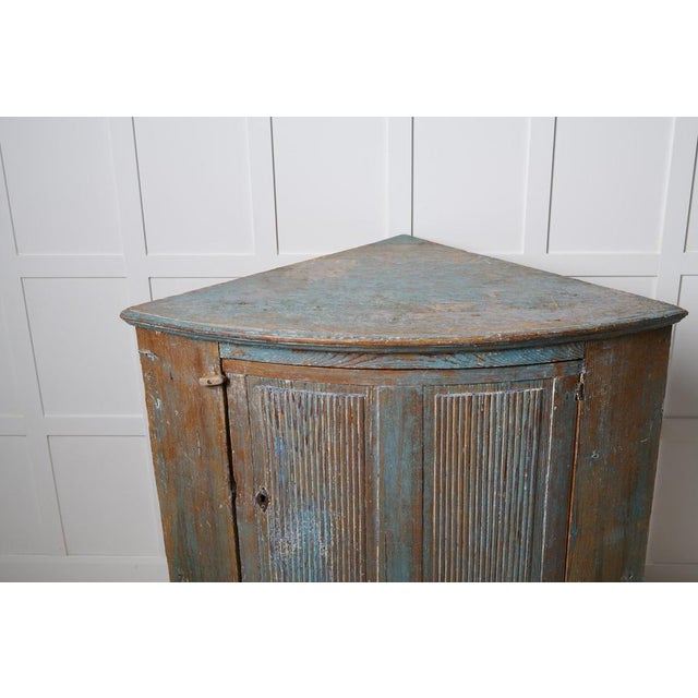 Wood Antique Swedish Folk Art Blue Corner Cabinet in Gustavian Style, 1800s For Sale - Image 7 of 9