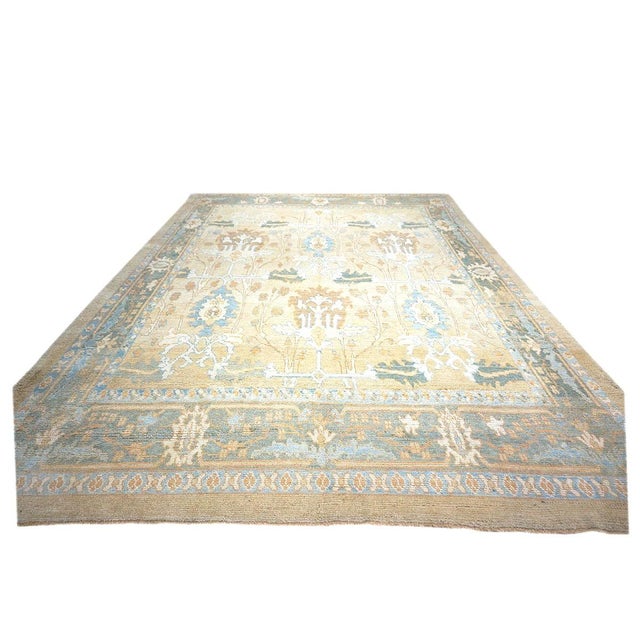 Turkish Donegal Wool & Hemp 11X15 Tan and Blue Handmade Area Rug #1140234 For Sale - Image 4 of 8