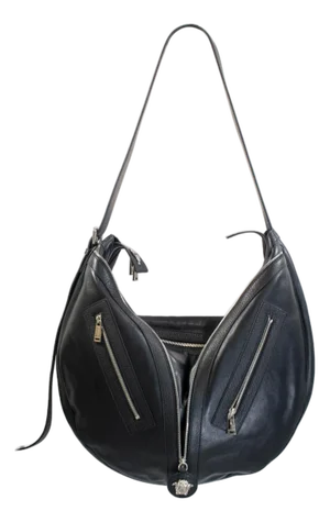 Versace Repeat Large Hobo Black Leather Silver Hardware Shoulder Bag