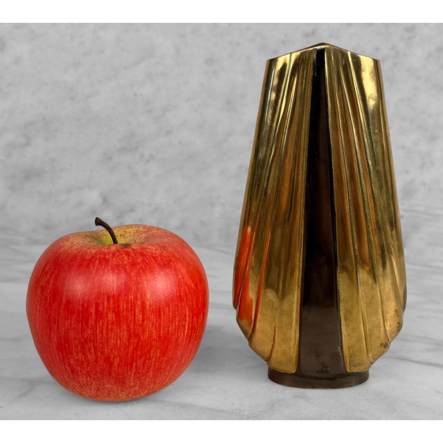 - Original 1980's Art Deco Vase - Solid Brass with Black Lacquered Accent Stripe - Stepped Design with Great Lines - 6"...