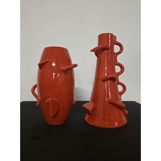 Dealbata Vases by Alessandro Mendini for Zanotta Pair of orange glazed clay vases with hand-applied ornamental...