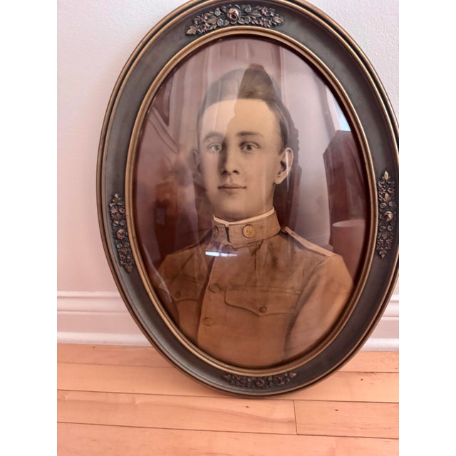 Antique u.s. Officer Portrait in Convex Glass Oval Frame With Blue & Gold Floral Detail For Sale - Image 4 of 11