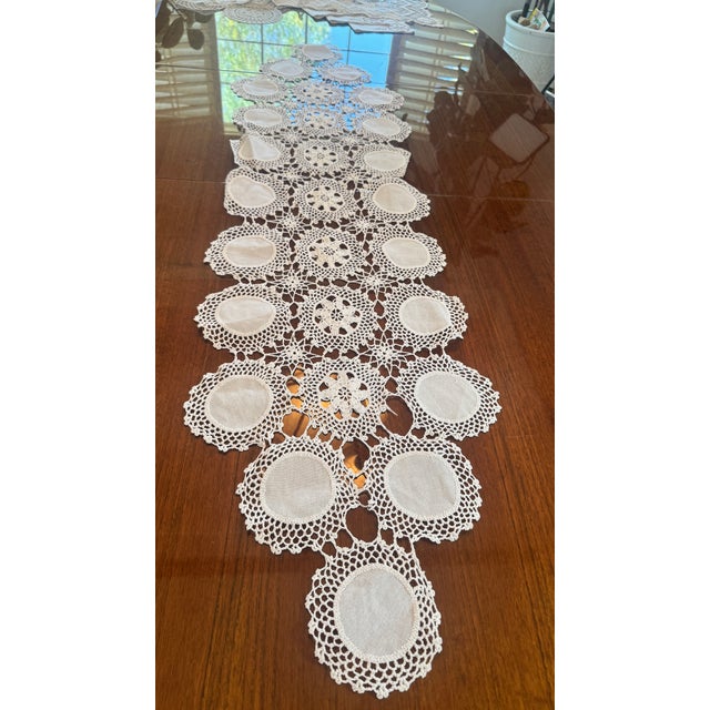 Vintage Handmade Linen and Lace Table Runner For Sale - Image 10 of 11