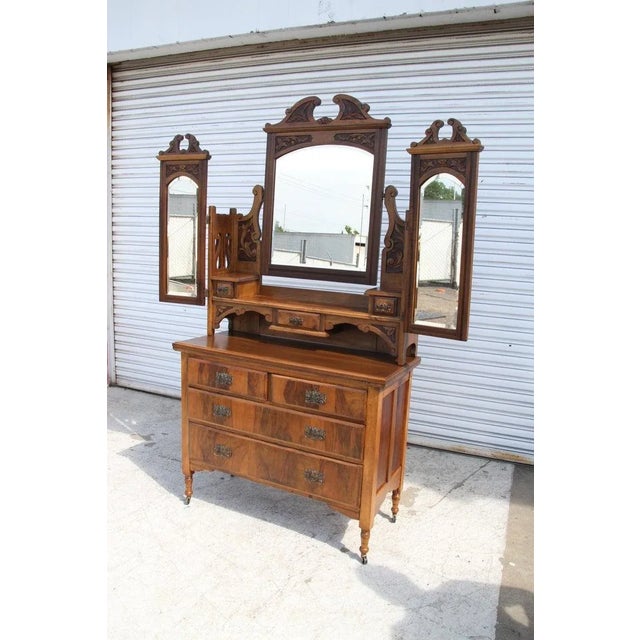 Wood Late 19th Century Antique Victorian Walnut Mirrored Vanity Dresser For Sale - Image 7 of 13