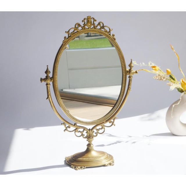 Mid-Century Oval Ornate Brass Vanity Swivel Mirror, 1960s For Sale - Image 10 of 10