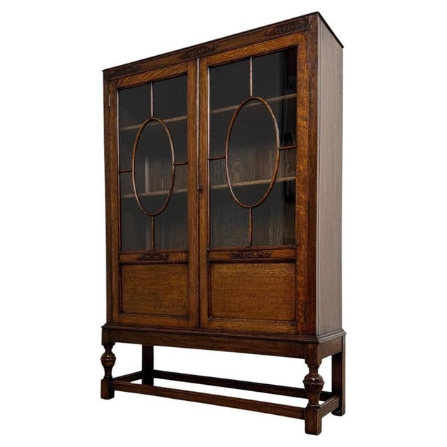 Antique English Oak Glazed Display Cabinet, 1900s For Sale - Image 4 of 12