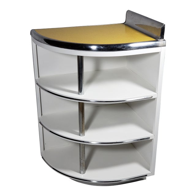 Vintage Original Art Deco "Youngstown Kitchens" All Metal Cabinet Shelving W Orig. Laminate Top & Polished Chrome For Sale