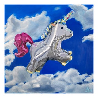 Sofía Cristina Jiménez, Silver Inflatable Unicorn in a Blue Sky Cloud Landscape, Acrylic Painting, 2024 For Sale