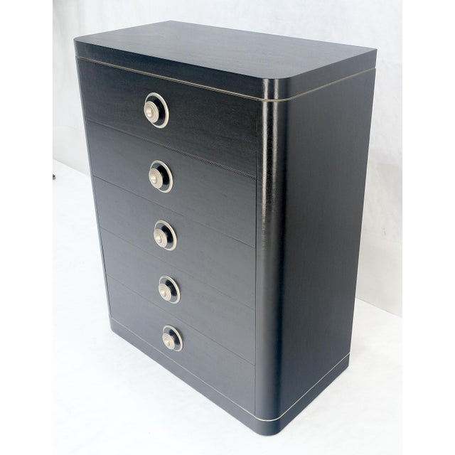 Wood Black Lacquer & Silver 5 Drawers Art Deco Tall Chest Dresser MINT For Sale - Image 7 of 18