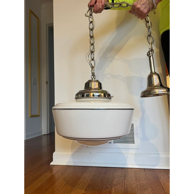 Nautical Authentic Schoolhouse Milk Glass Chain Drop Pendant With Black Stripe For Sale - Image 3 of 9