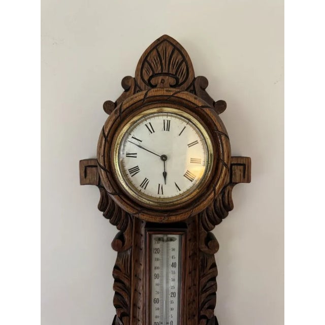 Antique Edwardian Carved Oak Banjo Clock Barometer, 1900 For Sale - Image 3 of 7