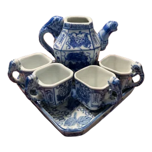 Vintage Blue and White Chinoiserie Dragon and Salamander Tea Set - 6 Pieces