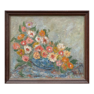 Mid Century Impressionist Zinnias Still Life by Stefania Kaja-Bilanska For Sale