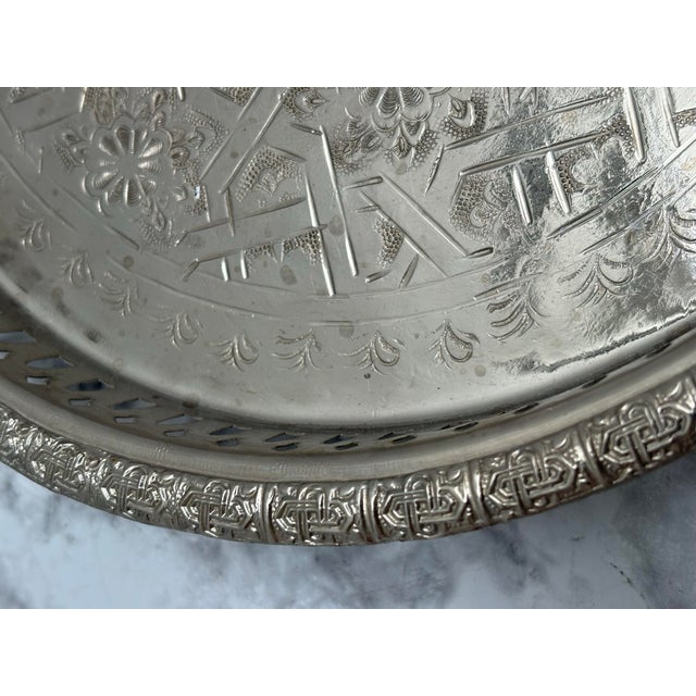 Vintage Etched Moroccan Silver Tea Tray, Accent Tray For Sale - Image 4 of 12