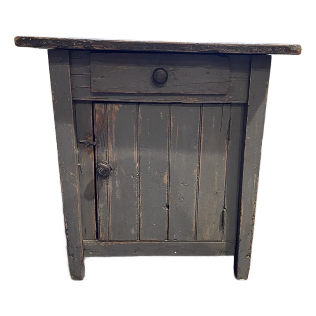 Antique Primitive Painted Pine Side Table With Drawer and Cabinet Storage For Sale