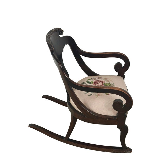 Antique American Carved Wood Rocking Chair With Needlepoint Seat For Sale - Image 12 of 18
