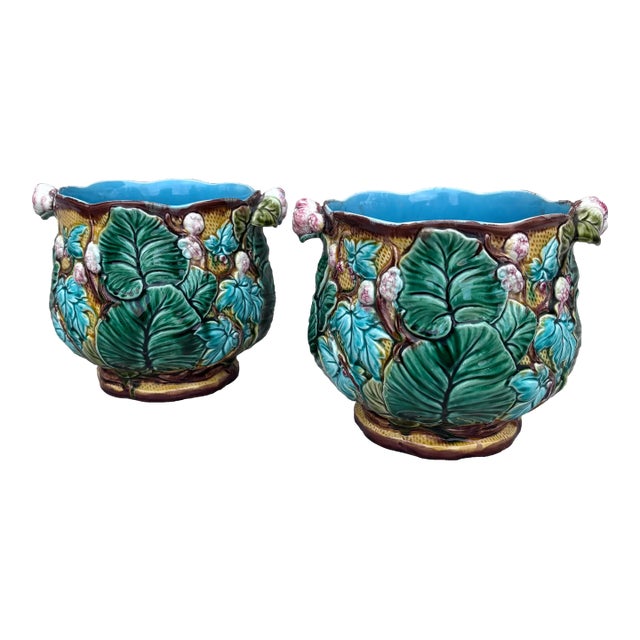 Majolica Flowers & Leaves Cache Pots Luneville Circa 1890-a Pair For Sale