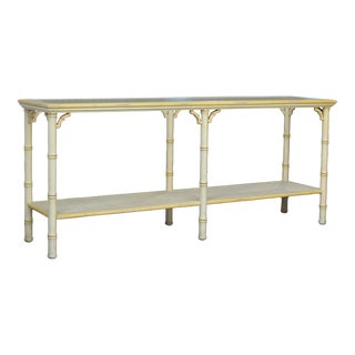 1970's Faux Bamboo Two-Tiered Yellow Console With Glass Top For Sale