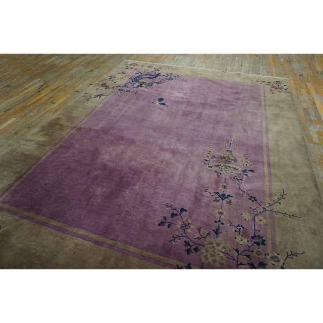 1920s Antique Purple Open Field Bird Chinese Art Deco Room Size Wool Knotted Rug For Sale - Image 9 of 10
