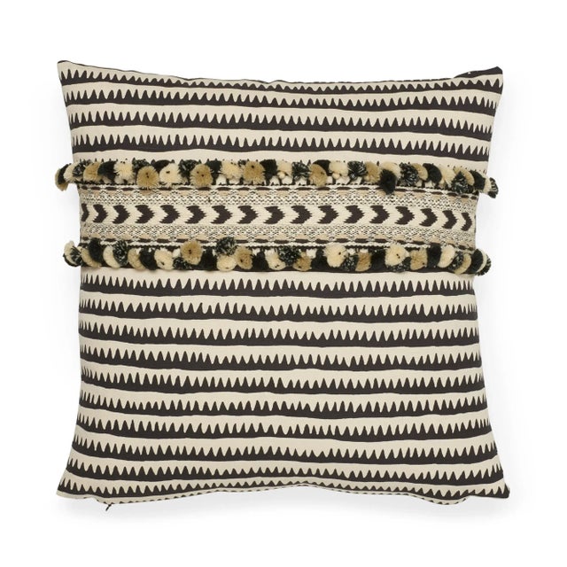 Textile Boho Chic Schumacher Corfu Stripe Black Linen Cotton Two-Sided Pillow With Maracana Pom Tape For Sale - Image 7 of 7